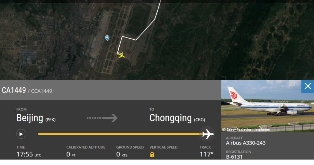 Radar Voo CA1449 Chongqing incidente A330 poste
