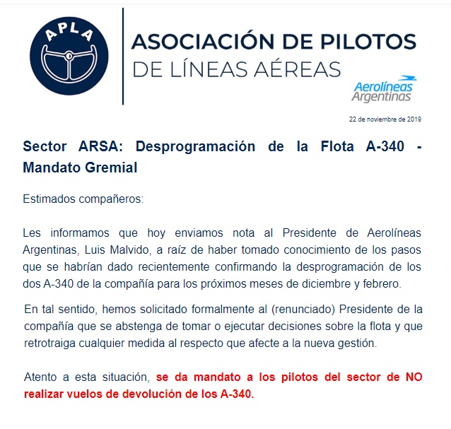 Aerolíneas Argentinas comunicado APLA A340 01
