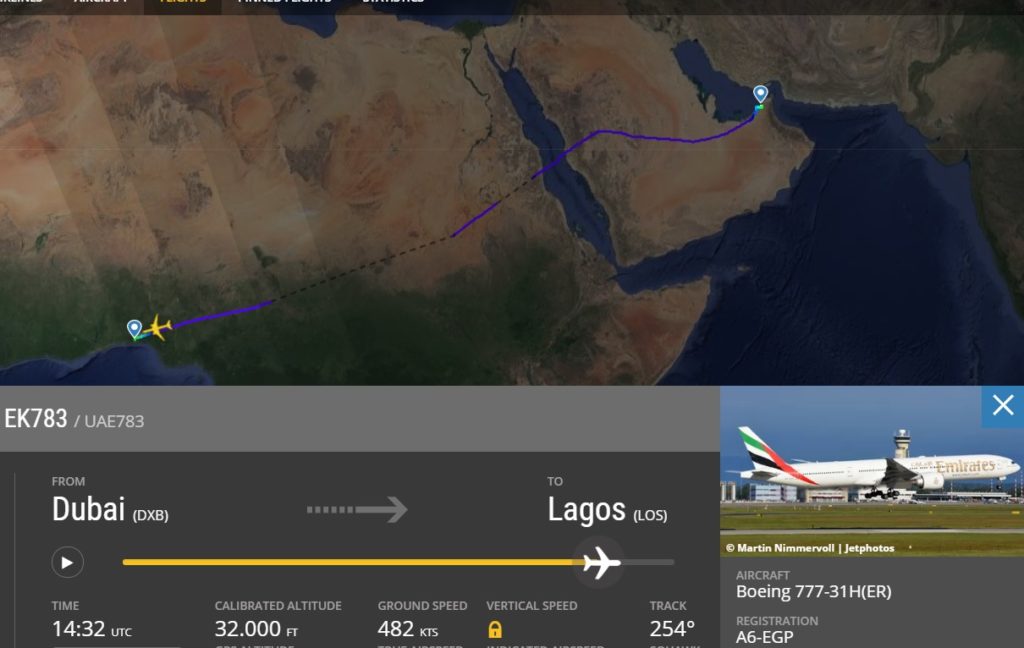 Flight Radar 24 Voo EK783 Dubai Lagos