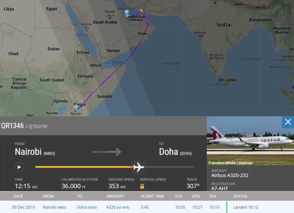 Flight Radar 24 Voo Qatar Nairobi Doha Desvio