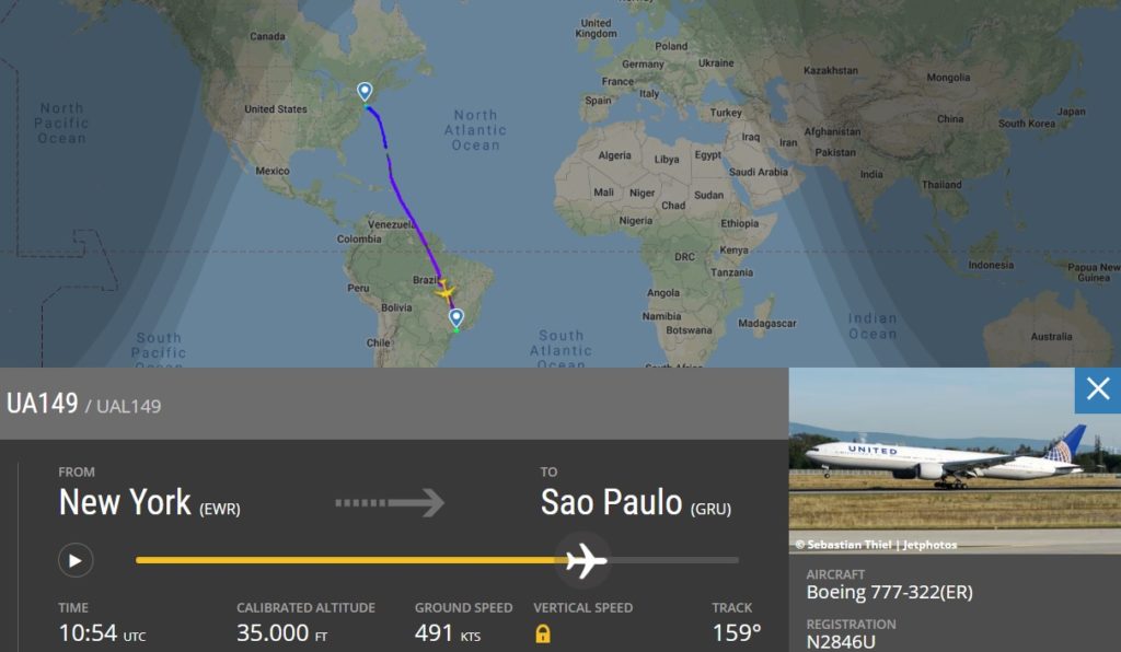 Flight Radar 24 Voo UA149 Primeiro 777-300 United Brasil
