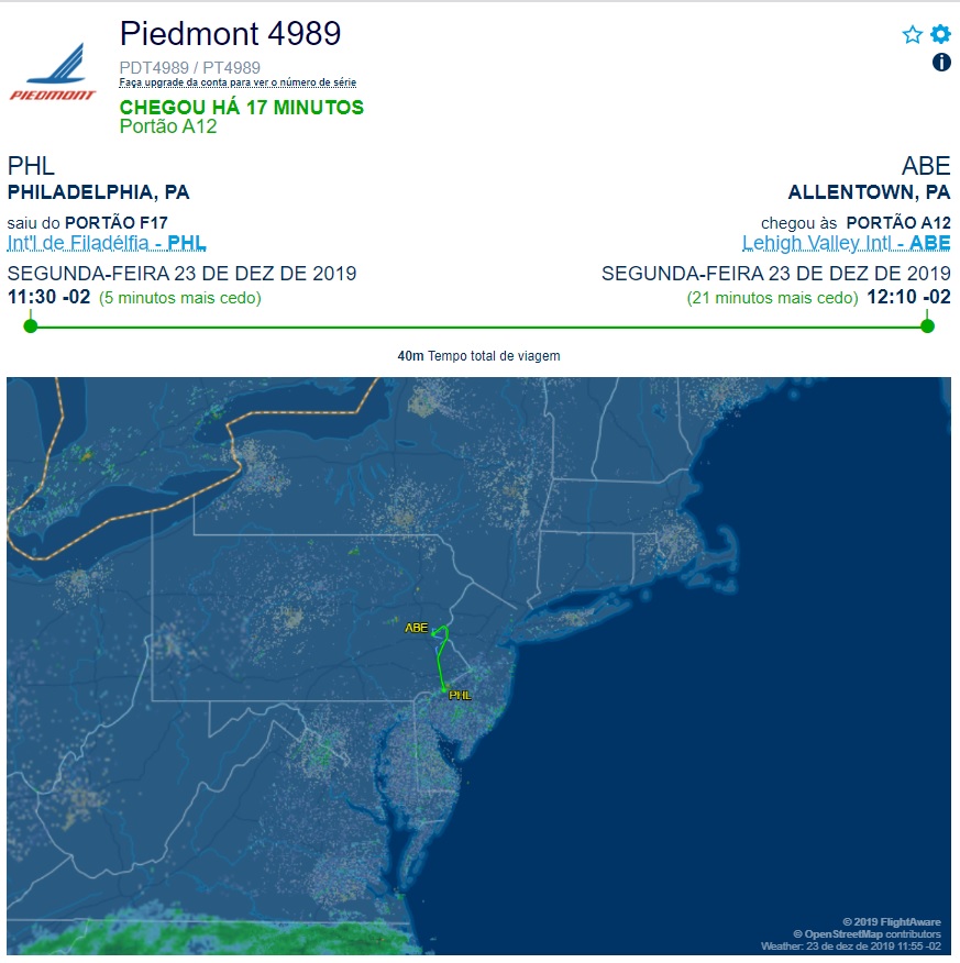 FlightAware Voo PHL ABE Piedmont American Airlines