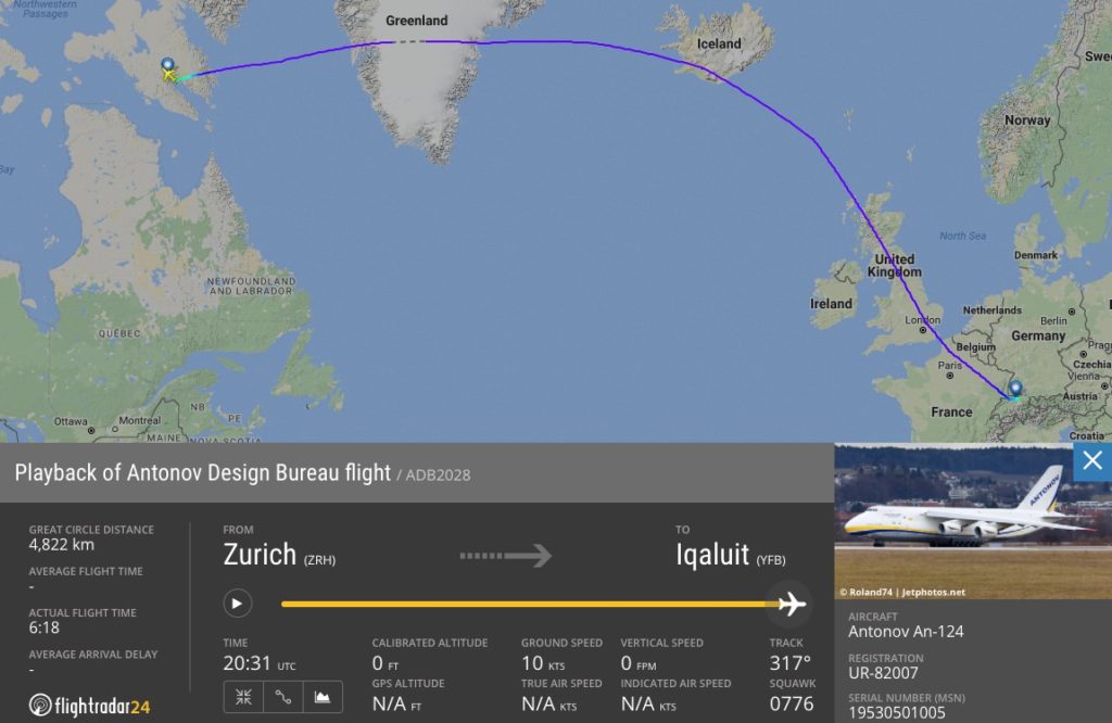 FlightRadar24 An-124 Motor Swiss Iqaluit