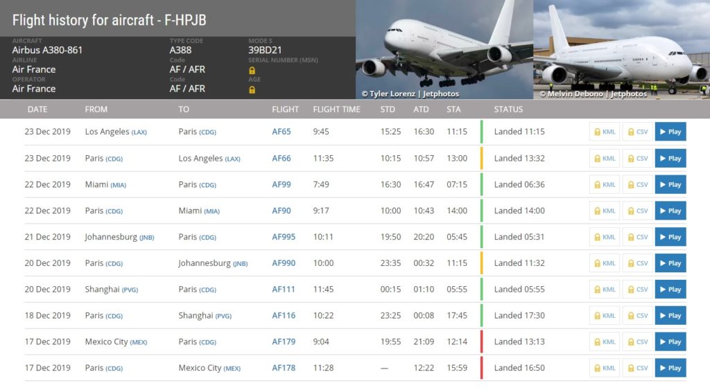 FlightRadar24 Voo A380 F-HPJB Branco Air France