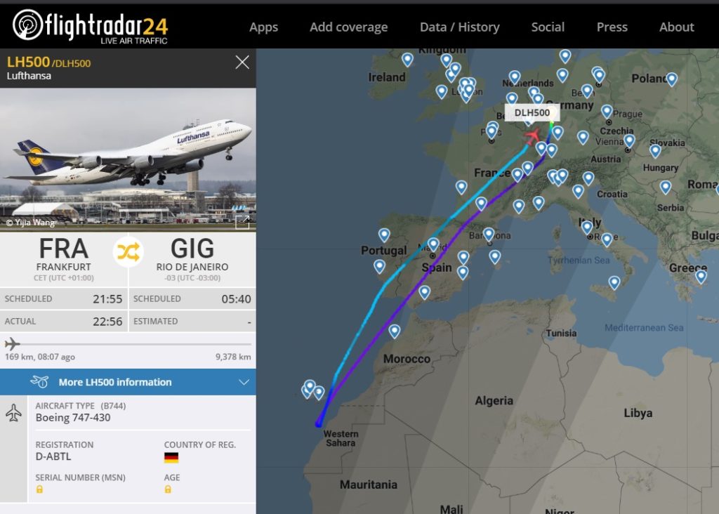 FlightRadar24 Voo LH500 Rio de Janeiro Problema