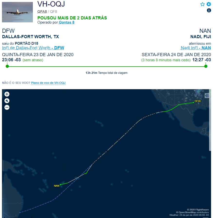 FlightAware Voo QF8 Qantas desvio A380 Fiji