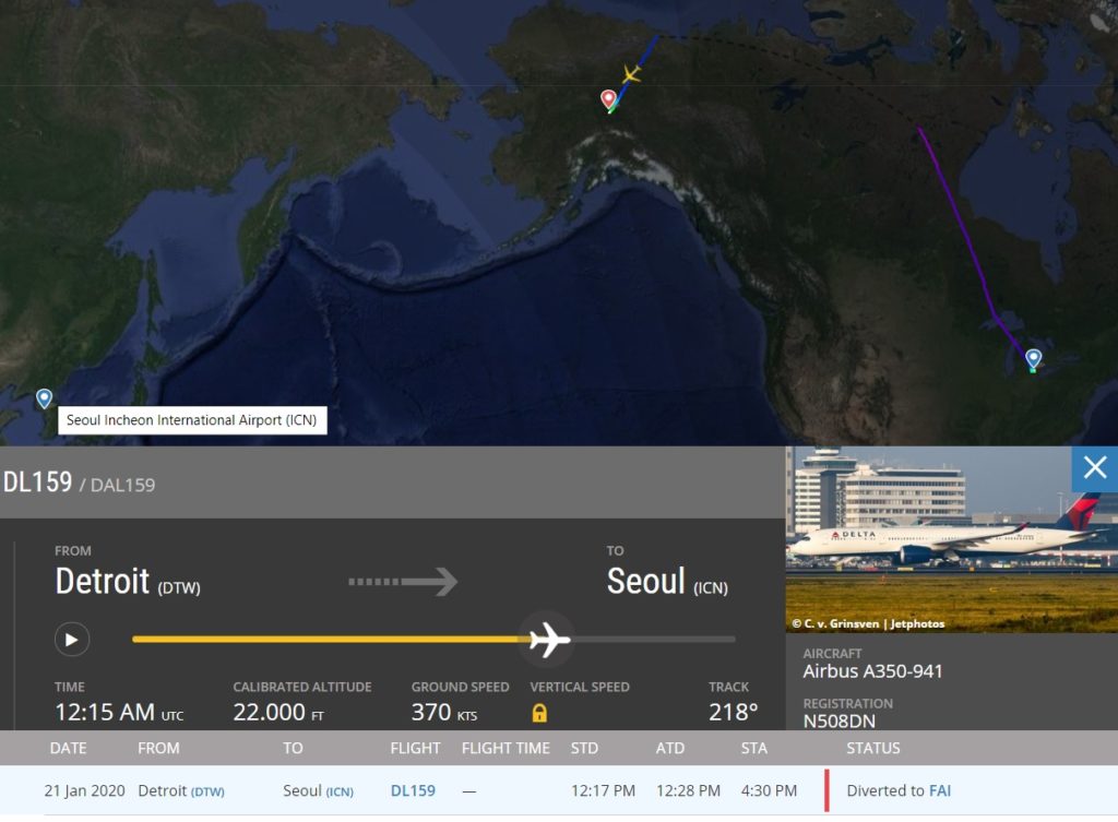 FlightRadar24 Delta A350 Desvio Alaska Motor
