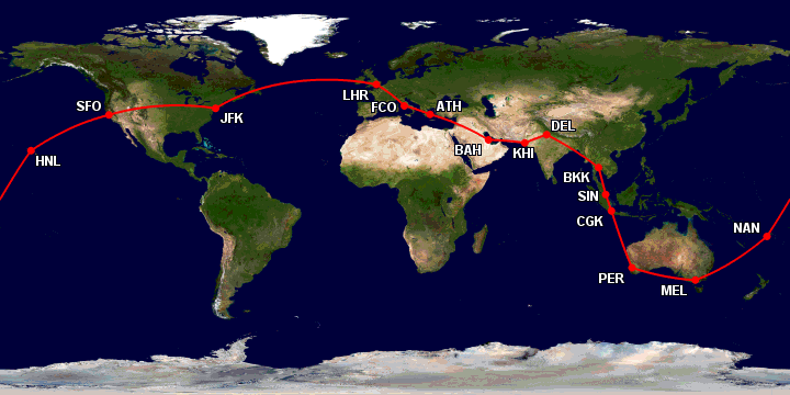 Mapa rotas Qantas Volta ao Mundo Super Constellation