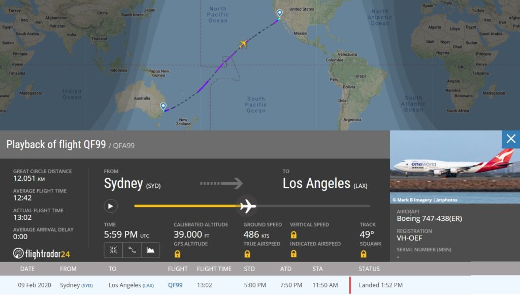 FlightRadar24 Último Voo 747 VH-OEF Qantas