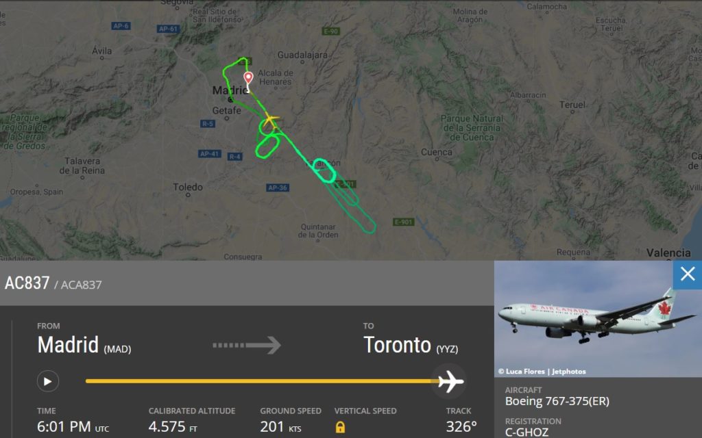 FlightRadar24 Emergência Trem de Pouso 767 Air Canada Madrid
