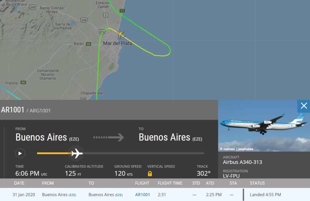 FlightRadar24 Rasante A340 Aerolíneas Mar del Plata