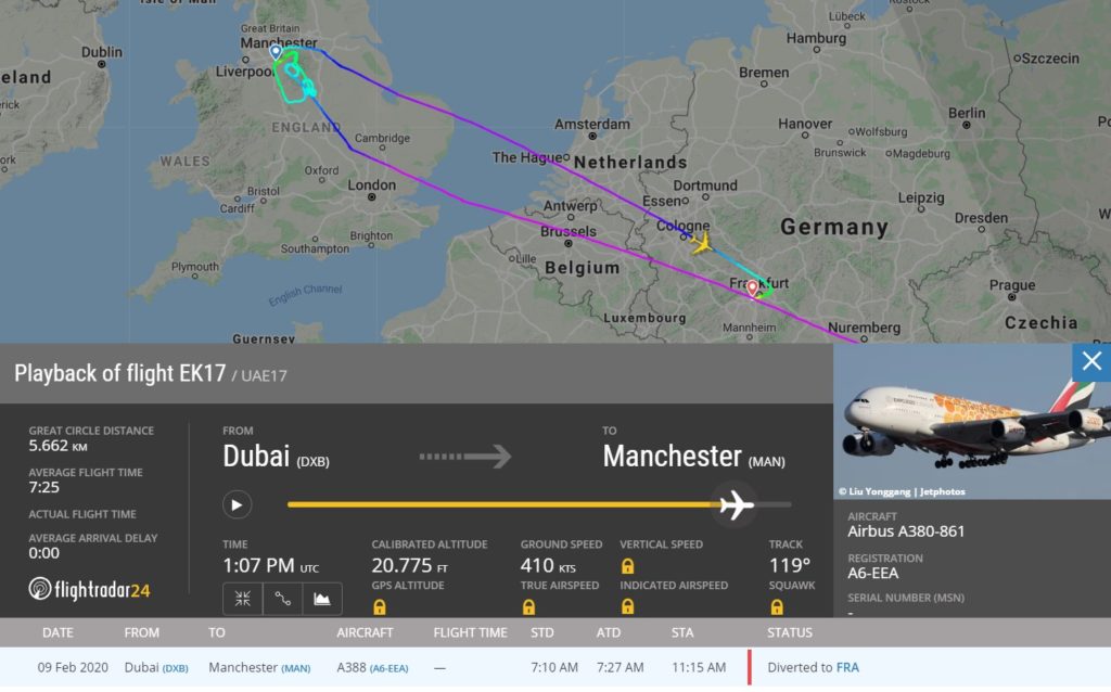 FlightRadar24 Voo A380 Emirates Desvio Ciara Manchester