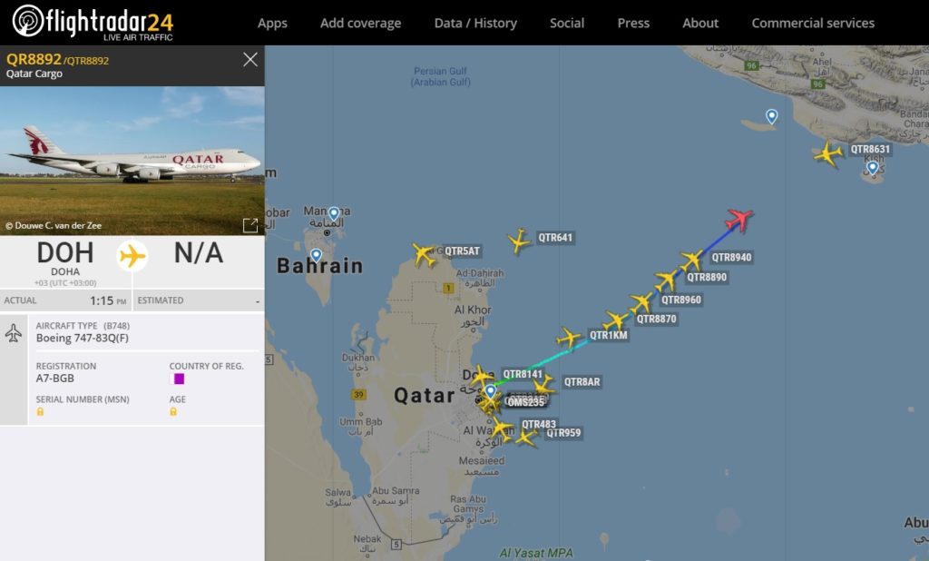 FlightRadar24 Voos Qatar Cargo China Coronavirus