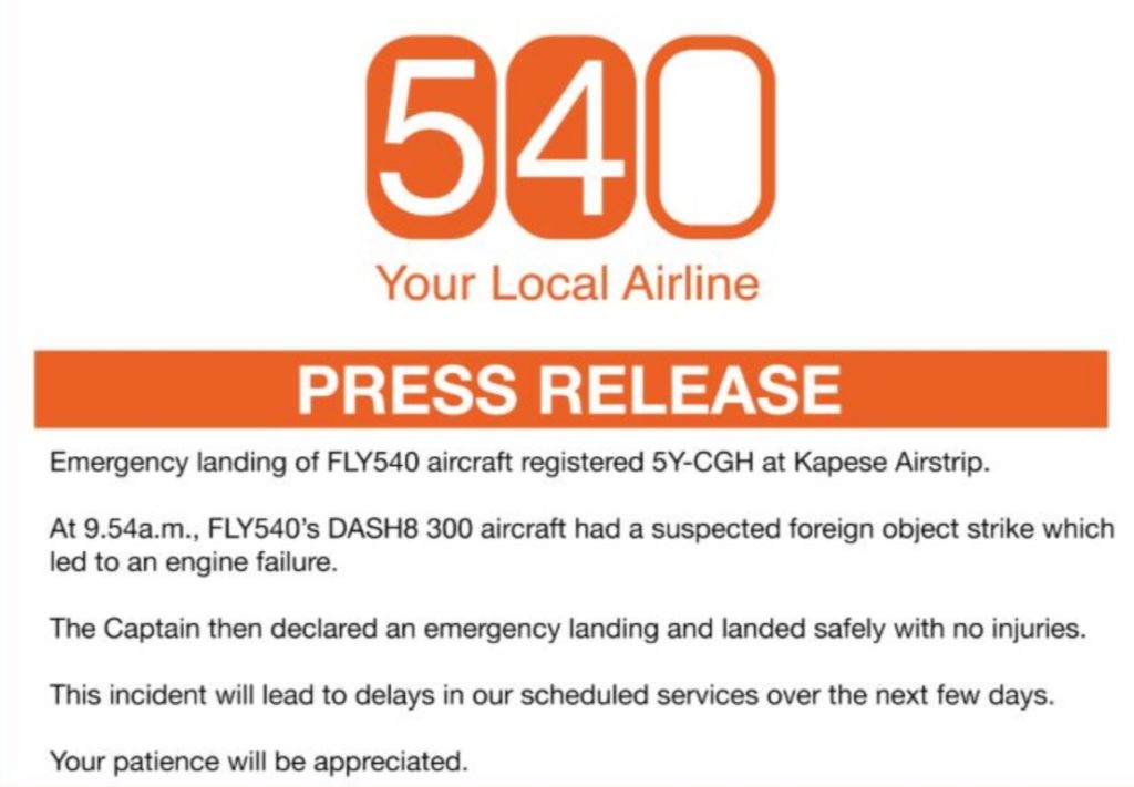 Fly 540 Pouso Emergência Quênia Press Release