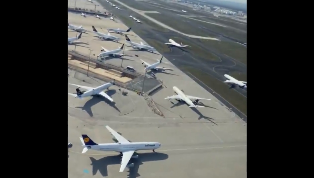 Vídeo aéreo frota Lufthansa pátios taxiways Frankfurt