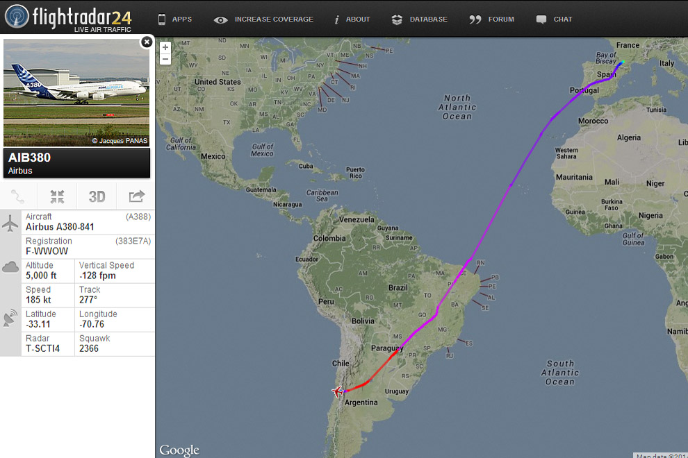 Imagem do FlightRadar24 mostra a rota do A380 até a FIDAE