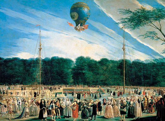 Ilustração da ascenção do balão dos irmãos Montgolfier.