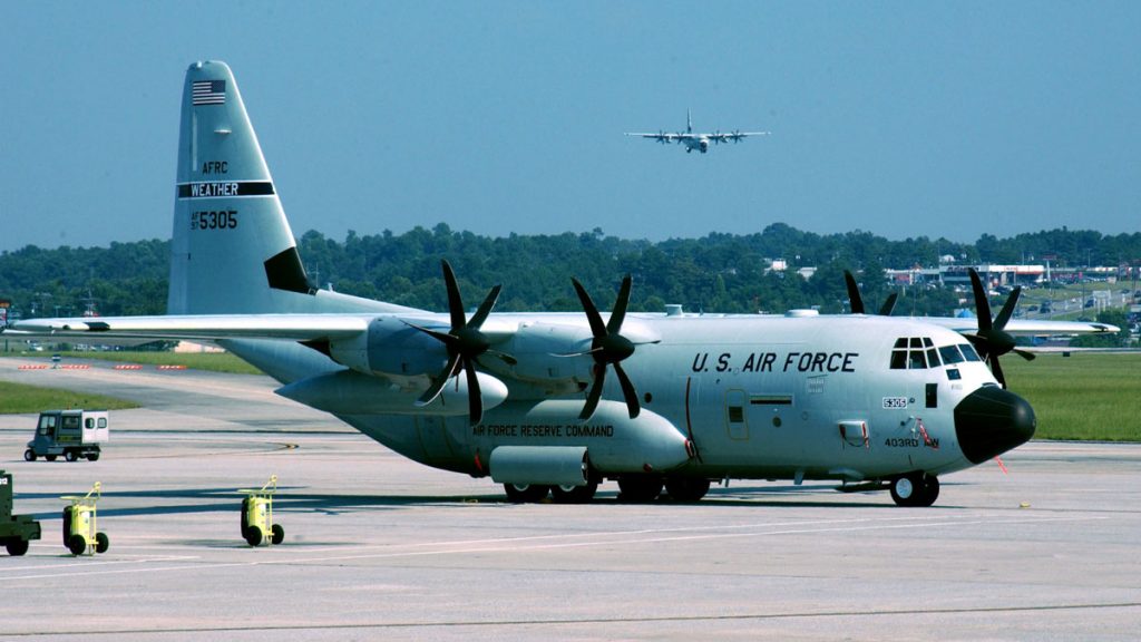 DOBBINS AIR RESERVE BASE, Ga. - An Air Force Reserve Command WC-130 Hercules sits on the runway here. The Hurricane Hunters from the 53rd Weather Reconnaissance Squadron evacuated their home at Keesler Air Force Base, Miss., before Hurricane Katrina slammed the Gulf Coast. Despite their own personal losses, the reservists continued to track tropical storms in the Caribbean. (U.S. Air Force photo by Bo Joyner)