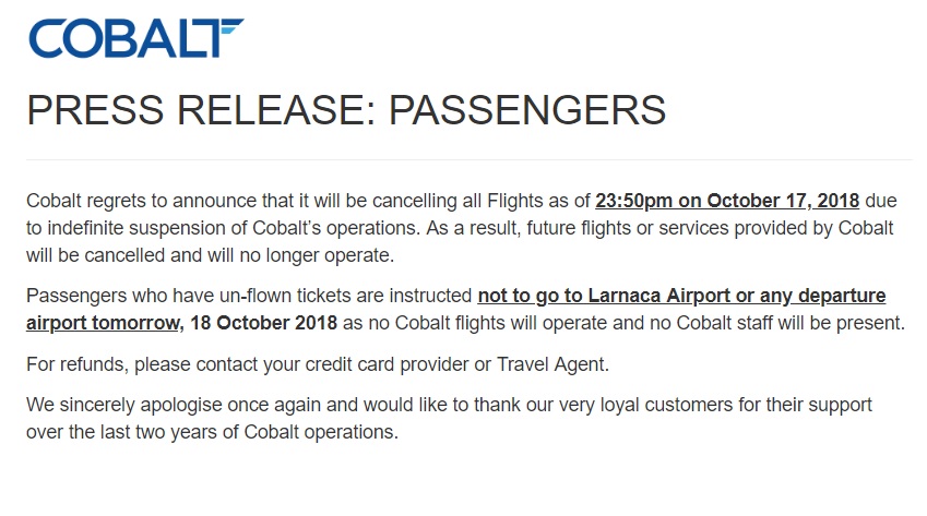 Press Release Cobalt Air Operations