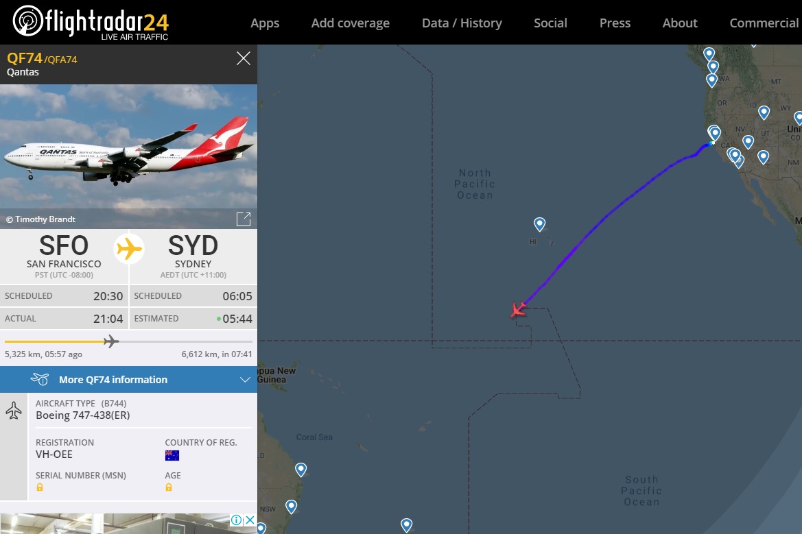 Flight Radar 24 Qantas Último Voo 747 Estados Unidos