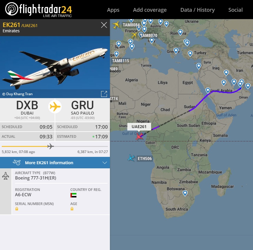 FlightRadar24 Voo Emirates 777-300 Passageiros Cargueiro