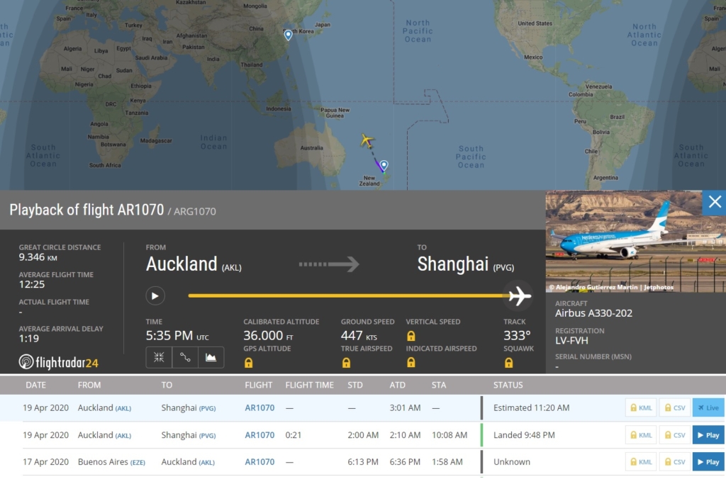 FlightRadar24 Voo Aerolínes Argentinas Xangai