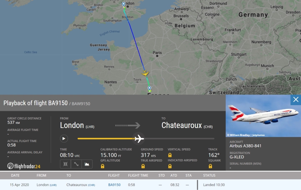 FlightRadar24 Voo A380 British Châteauroux-Centre