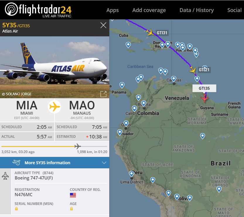 FlightRadar24 Voos 747 Atlas Air Brasil