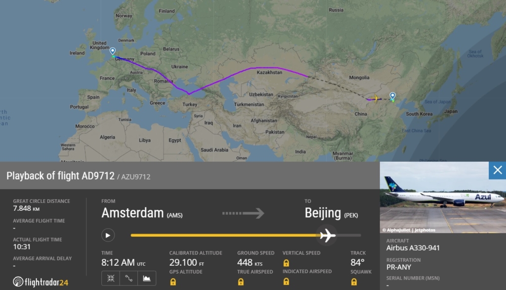 FlightRadar24 Voo Azul Amsterdã Pequim China