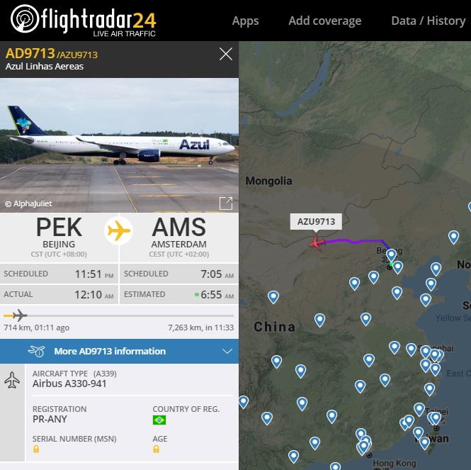 FlightRadar24 Voo Azul Retorno China Amsterdã