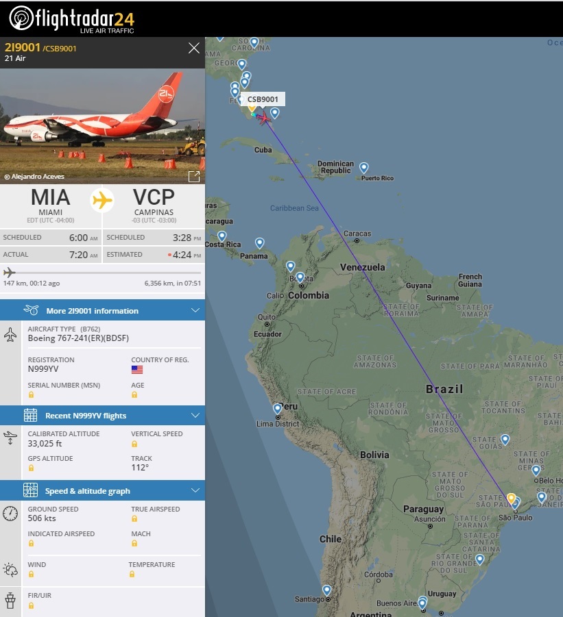 FlightRadar24 Voo 21 Air 767-200 ex-VARIG Viracopos