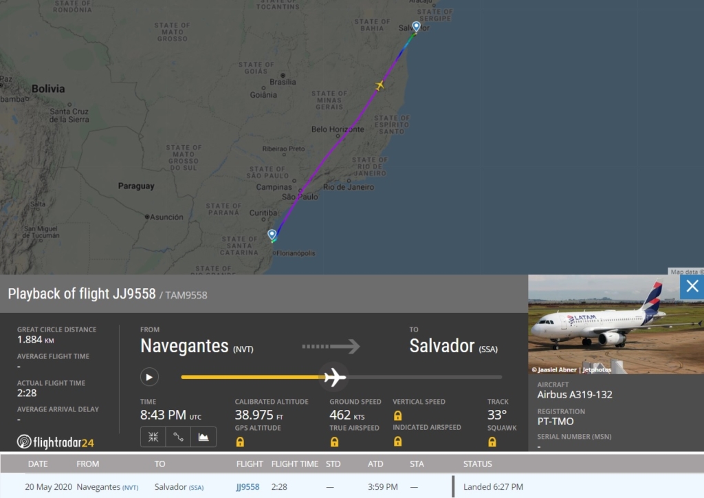 FlightRadar24 Voo A319 LATAM Cargueiro Navegantes Salvador