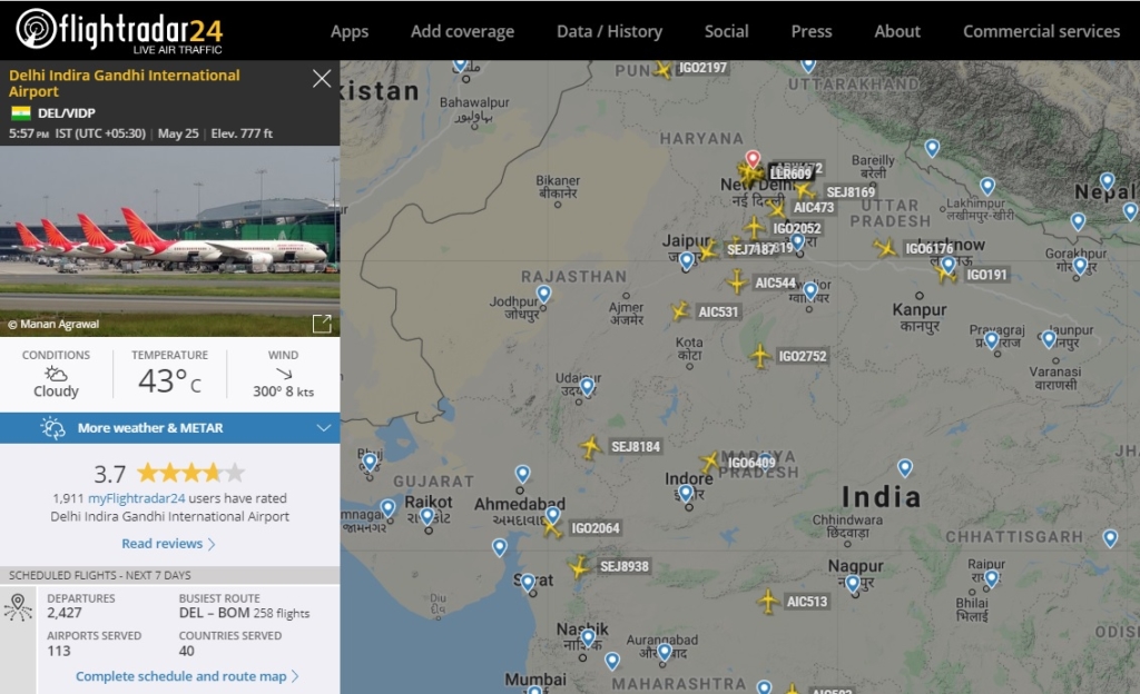 FlightRadar24 Voos India Nova Déli
