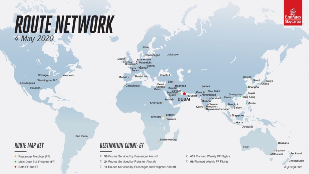 Mapa destinos Emirates SkyCargo Maio 2020