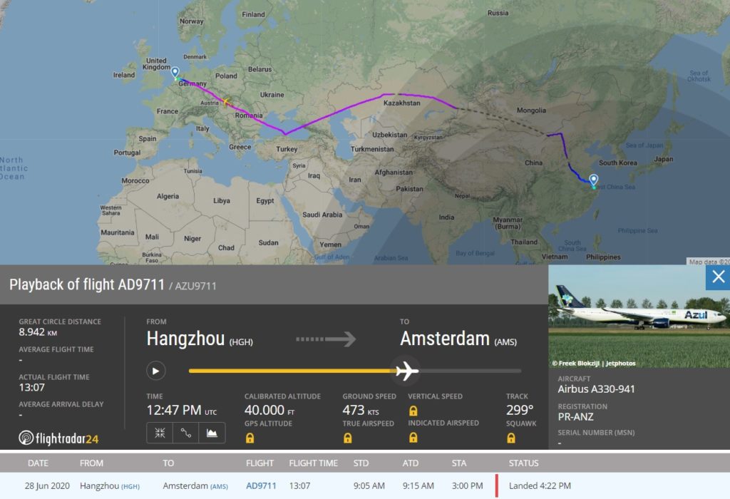 FlightRadar24 Voo Azul A330neo China Amsterdã