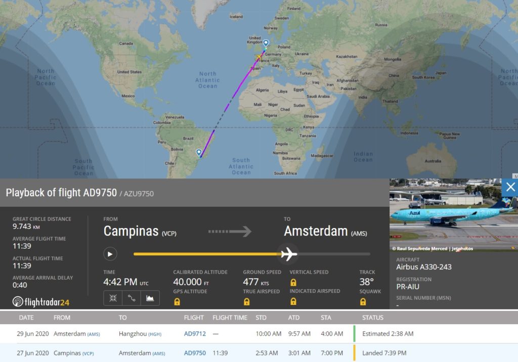 FlightRadar24 Voo Azul A330 Campinas Amsterdã