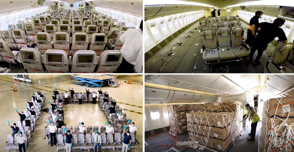 Vídeo Emirates modificação assentos cabine Boeing 777-300ER carga