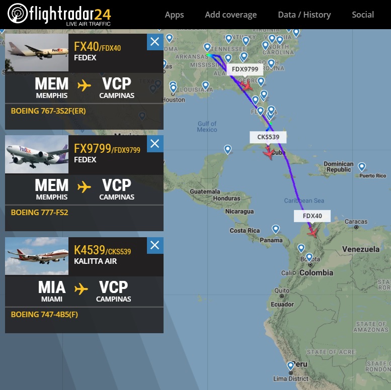 FlightRadar24 Voos Fedex 767 777 Kalitta 747 Viracopos