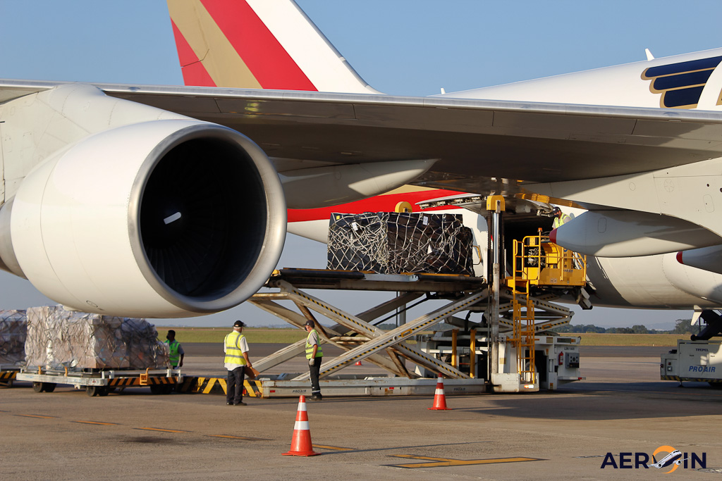 Avião Boeing 747-400F Kalitta Air Descarregando Carga