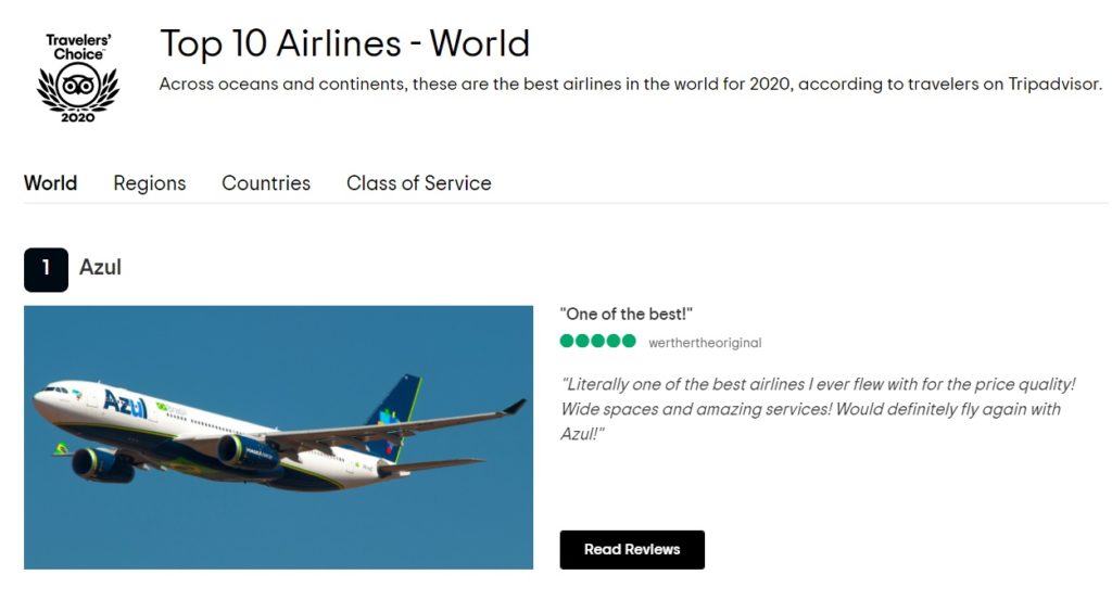 TripAdvisor Azul Melhor Companhia Aérea Mundo 2020