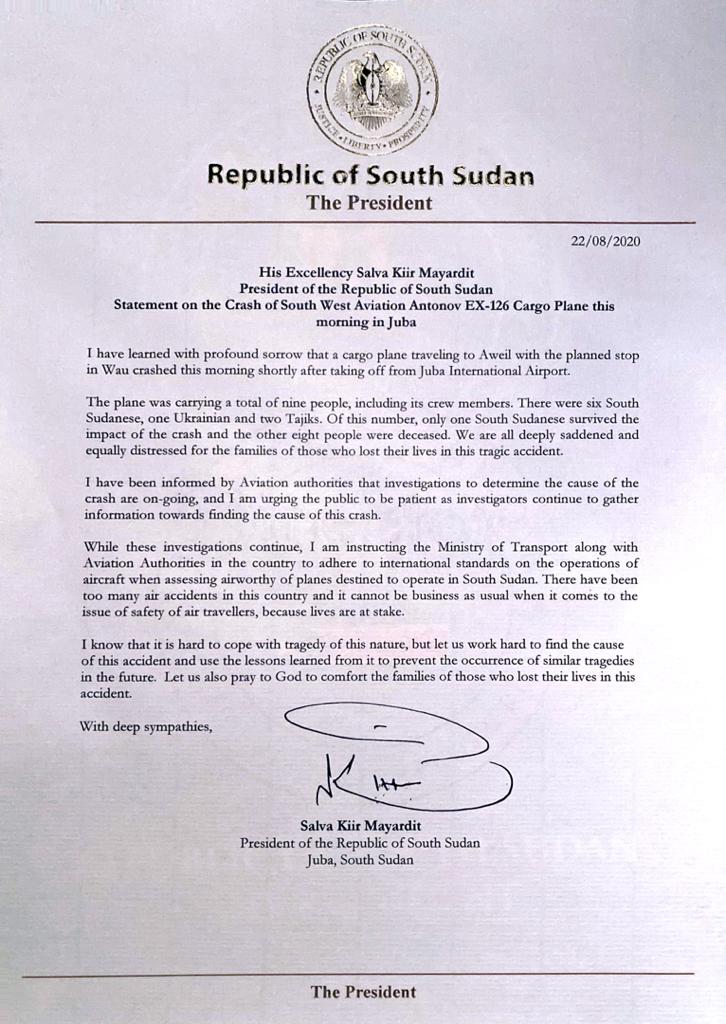 Carta Presidente Sudão do Sul Aviação