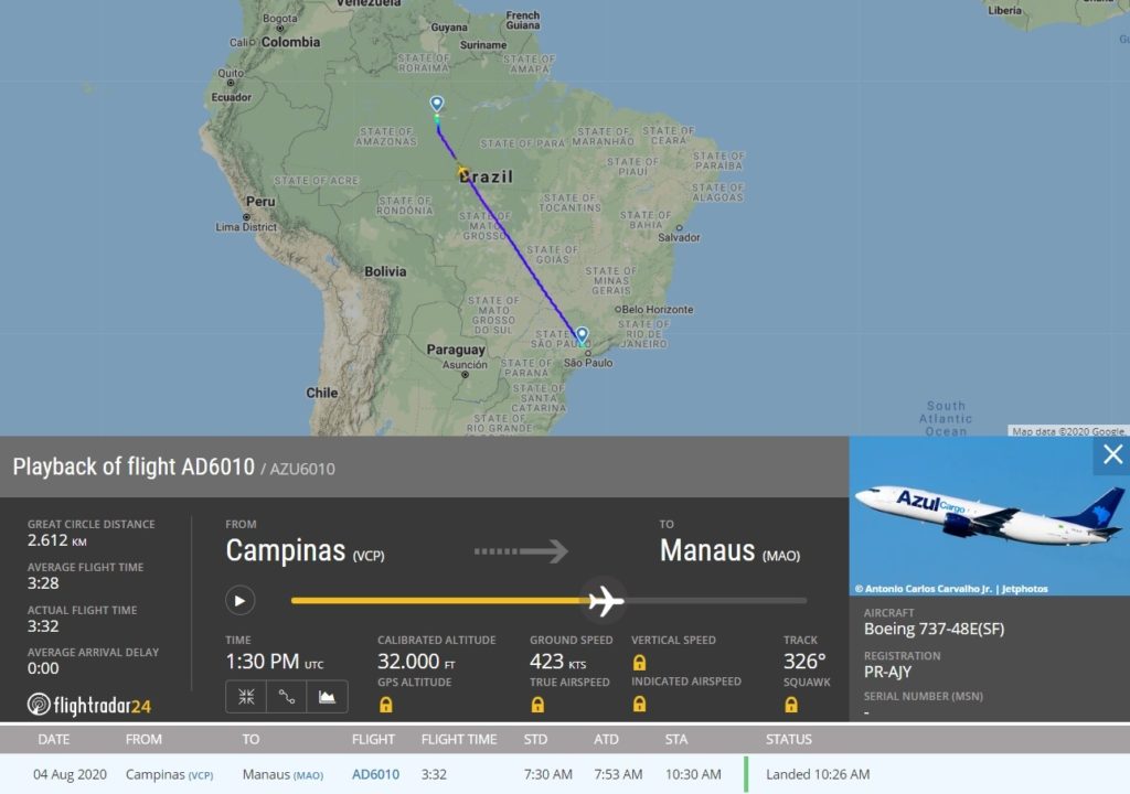 FlightRadar24 Voo 737-400F Azul Cargo pós reparo