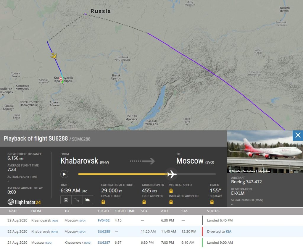FlightRadar24 Voo 747 Rossiya Pane Fumaça
