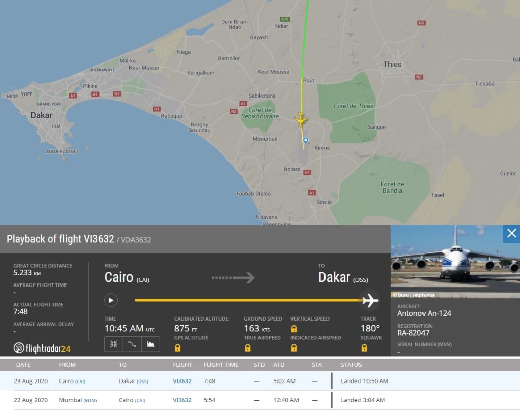 FlightRadar24 Voo Antonov AN-124 Cairo Senegal Brasil