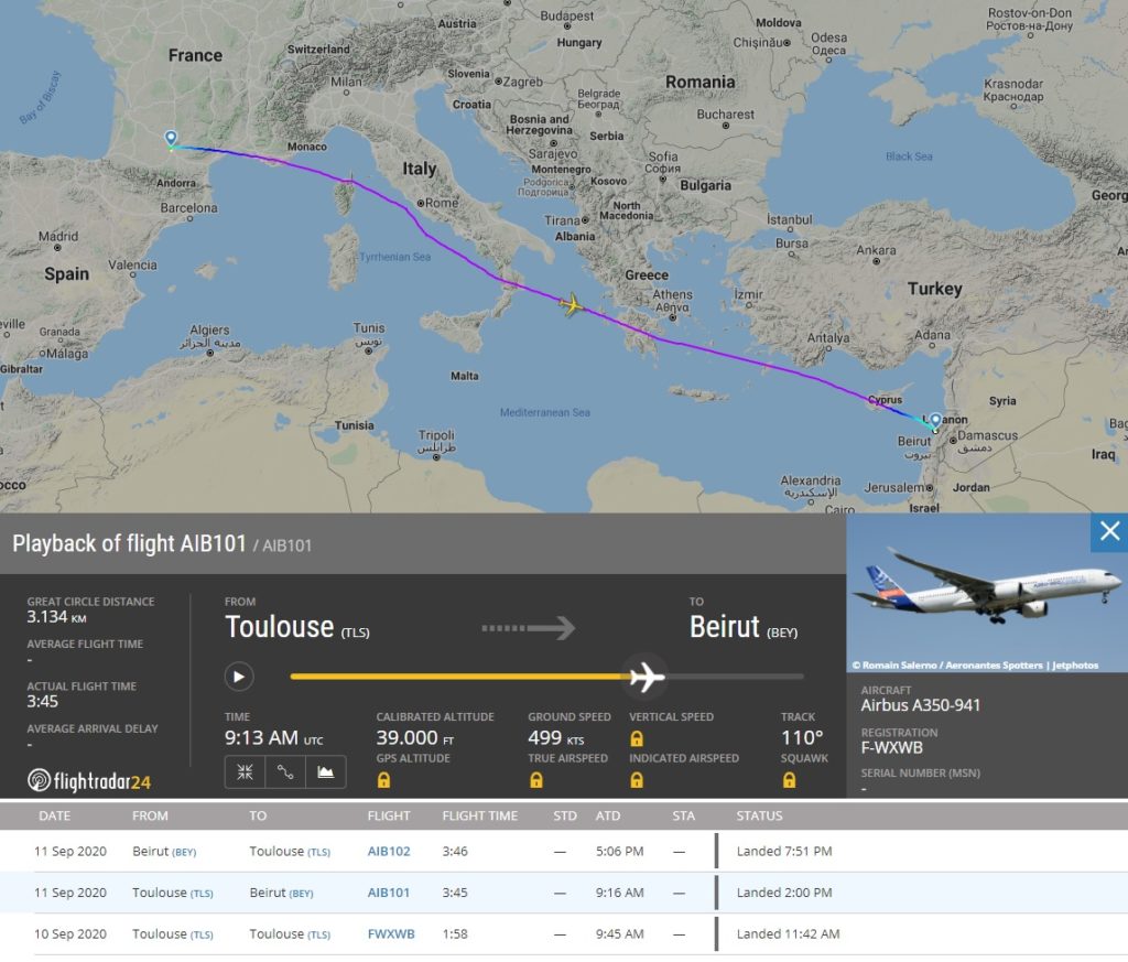 FlightRadar24 Voo Airbus A350 Ajuda Beirute