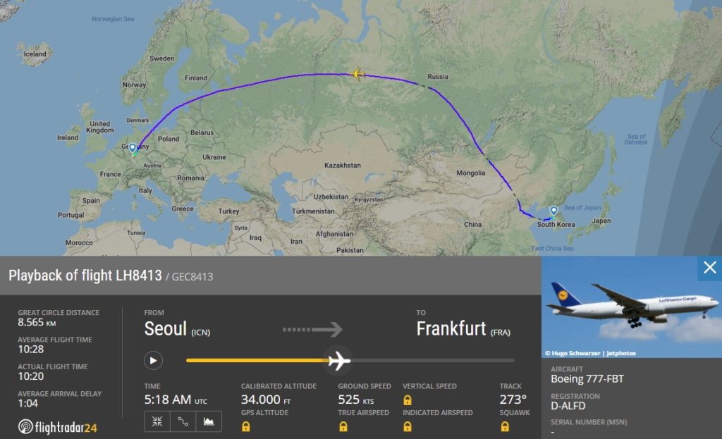 FlightRadar24 Voo 777F -D-ALFD Seul Frankfurt