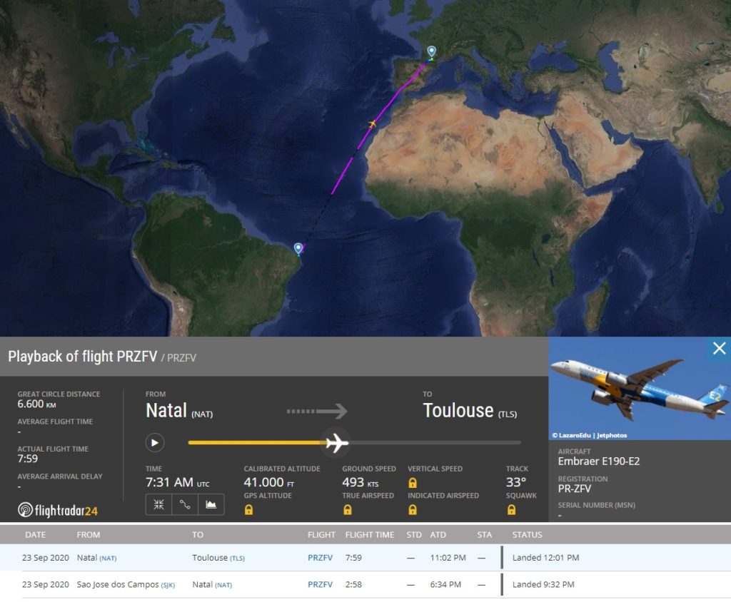 FlightRadar24 Voo E190-E2 PR-ZFV Toulouse