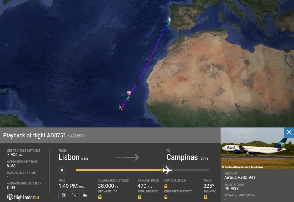 FlightRadar24 Voo A330neo Azul Desvio Ilha do Sal
