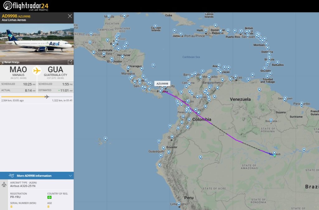 FlightRadar24 Voo Azul Guatemala City