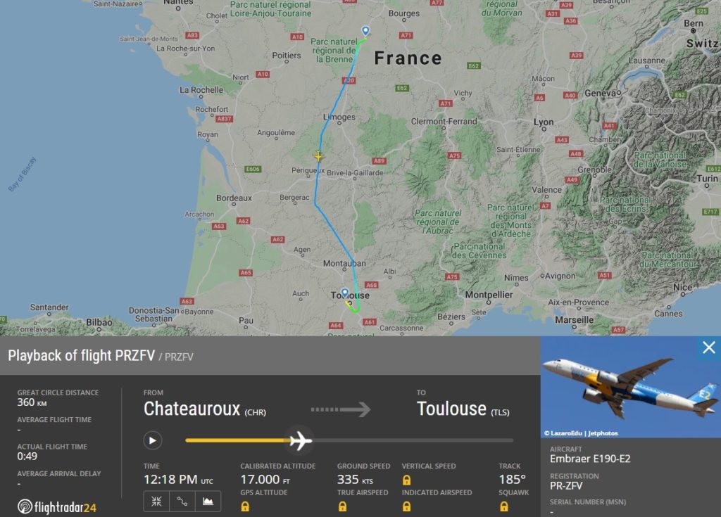 FlightRadar24 Voo Protótipo E190-E2 Chateauroux